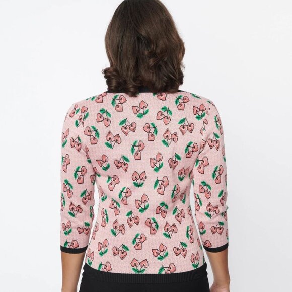 Unique Vintage | Pink Cherry Hearts Cardigan | Size Medium - Picture 3 of 12